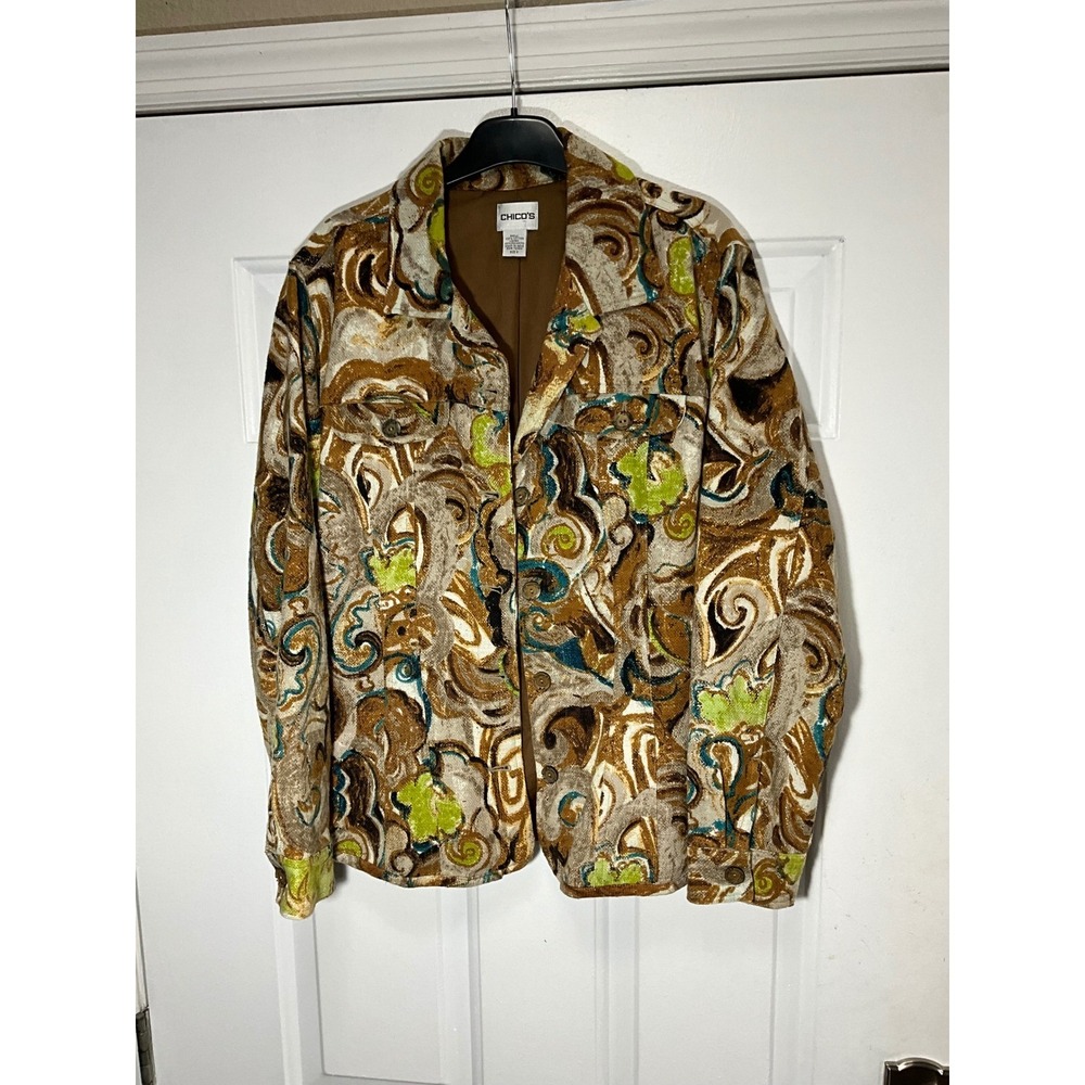 Chico's Women Brown Paisley Tapestry Cotton Button Front Jacket Size 2 Large